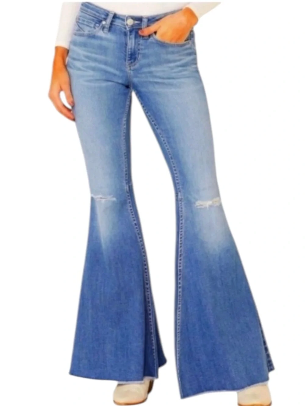 Shyanne Medium Wash Blue Flare  Ripped Style Jeans Stretchy Comfortable W28X36L - Picture 11 of 16
